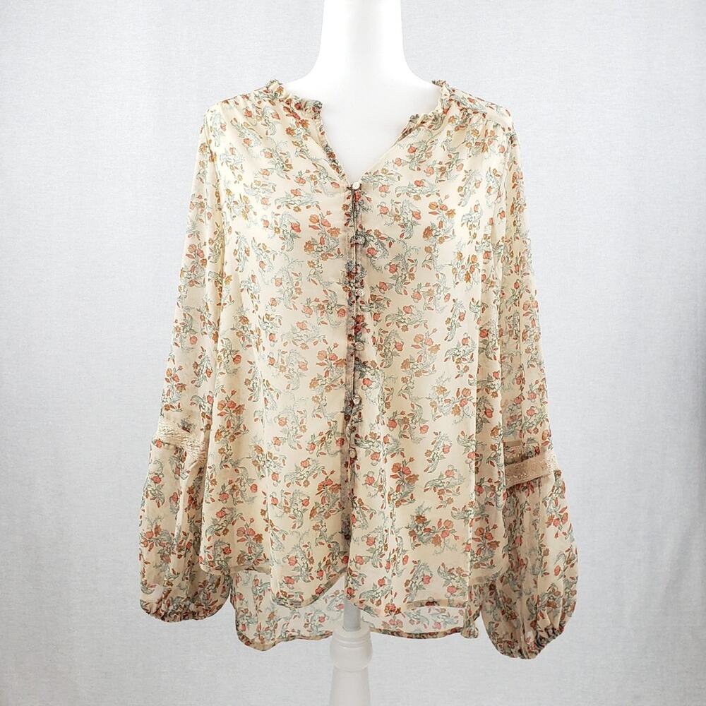Democracy Blouse Women L Sheer Poet Top Button-up Floral Lace Inserts High Low